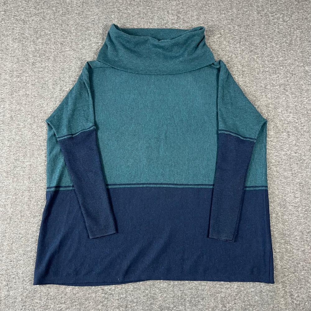 Smartwool Cowl Neck Sweater Womens Medium Teal Navy Wool Colorblock